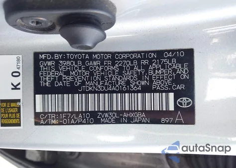 2010 Toyota Prius V z USA, uszkodzony, nr VIN JTDKN3DU4A0161364